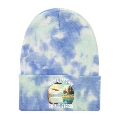 Inhale Lake Air Exhale Stress Funny Meditation Camping Gift Tie Dye 12in Knit Beanie