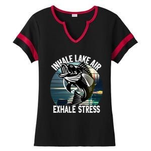 Inhale Lake Air Exhale Stress Meditating Fishing At The Lake Cute Gift Ladies Halftime Notch Neck Tee