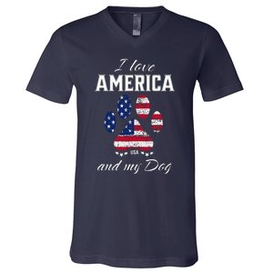 I Love America And My Dog Patriotic Pride Flag Dog Lover V-Neck T-Shirt