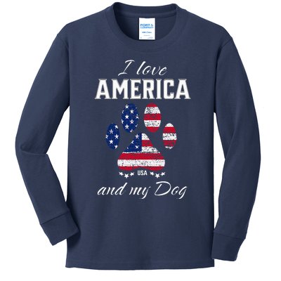 I Love America And My Dog Patriotic Pride Flag Dog Lover Kids Long Sleeve Shirt