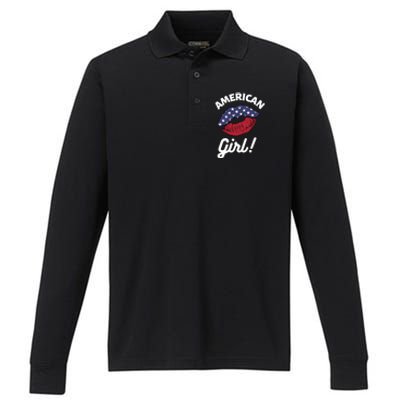 I Love America Lips Usa United States American Us Gift Performance Long Sleeve Polo