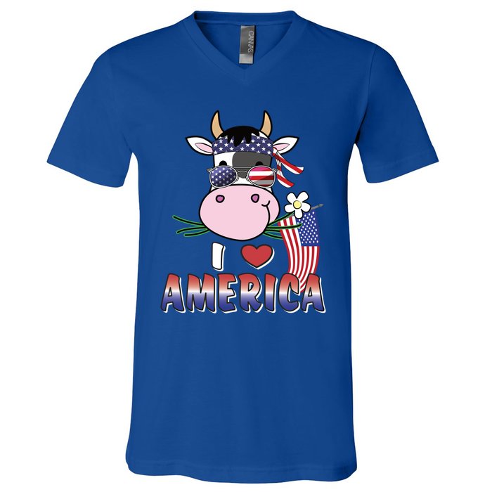 I Love America 4th Of July Usa Patriotic Cow Lover Gift V-Neck T-Shirt