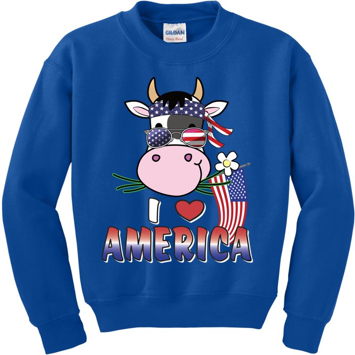 I Love America 4th Of July Usa Patriotic Cow Lover Gift Kids Sweatshirt