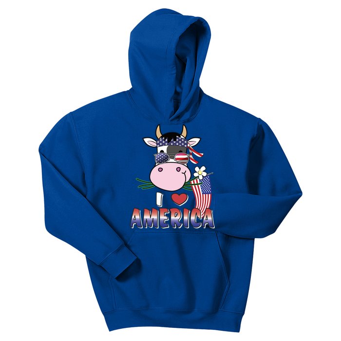 I Love America 4th Of July Usa Patriotic Cow Lover Gift Kids Hoodie