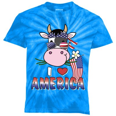 I Love America 4th Of July Usa Patriotic Cow Lover Gift Kids Tie-Dye T-Shirt