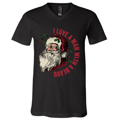 I Love A Man With A Beard Funny Retro Christmas Santa Claus V-Neck T-Shirt