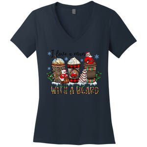 I Love A Man With A Beard Santa And Coffee Lattle Christmas Women's V-Neck T-Shirt