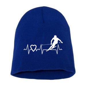 I Love Alpine Skiing Heartbeat Alpine Skier Downhill Ski Gift Short Acrylic Beanie