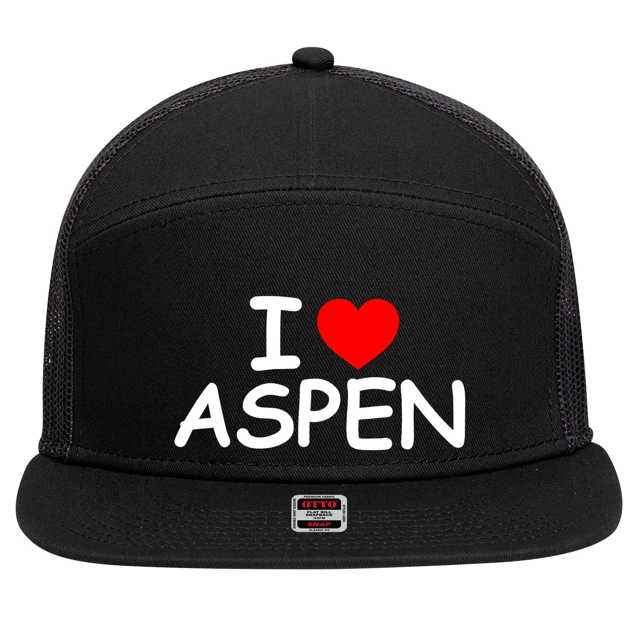 I Love Aspen 7 Panel Mesh Trucker Snapback Hat