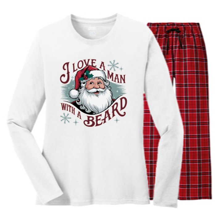 I Love A Man With A Beard Christmas Holiday Xmas Holiday Santa Claus Women's Long Sleeve Flannel Pajama Set 