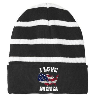 I Love America Usa 4th Of July Striped Beanie with Solid Band