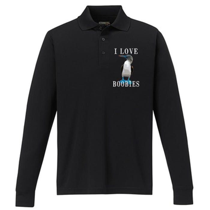 I Love Boobies Blue Footed Boobie Bird Performance Long Sleeve Polo