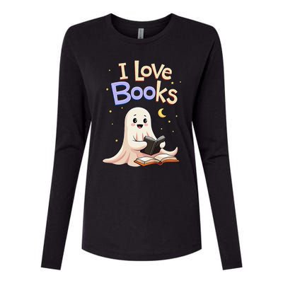 I Love Books Funny Halloween Cartoon Reading Ghost Womens Cotton Relaxed Long Sleeve T-Shirt