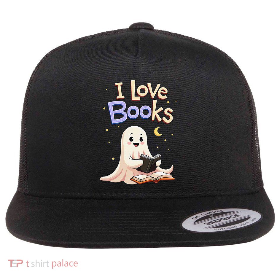 I Love Books Funny Halloween Cartoon Reading Ghost Flat Bill Trucker Hat