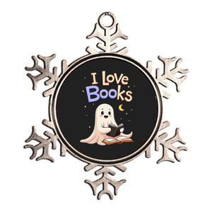 I Love Books Funny Halloween Cartoon Reading Ghost Metallic Star Ornament