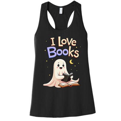 I Love Books Funny Halloween Cartoon Reading Ghost Women's Racerback Tank