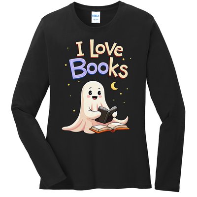 I Love Books Funny Halloween Cartoon Reading Ghost Ladies Long Sleeve Shirt