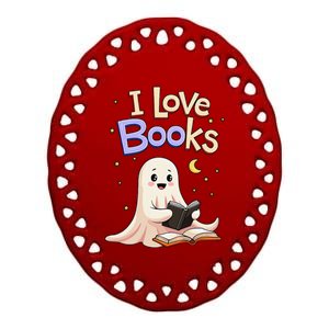 I Love Books Funny Halloween Cartoon Reading Ghost Ceramic Oval Ornament