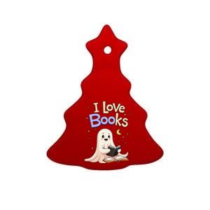 I Love Books Funny Halloween Cartoon Reading Ghost Ceramic Tree Ornament