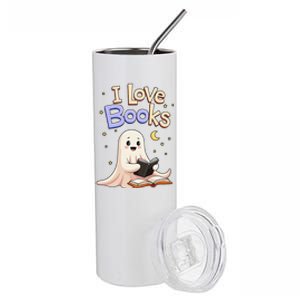 I Love Books Funny Halloween Cartoon Reading Ghost Stainless Steel Tumbler