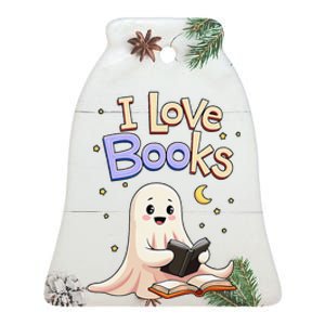 I Love Books Funny Halloween Cartoon Reading Ghost Ceramic Bell Ornament