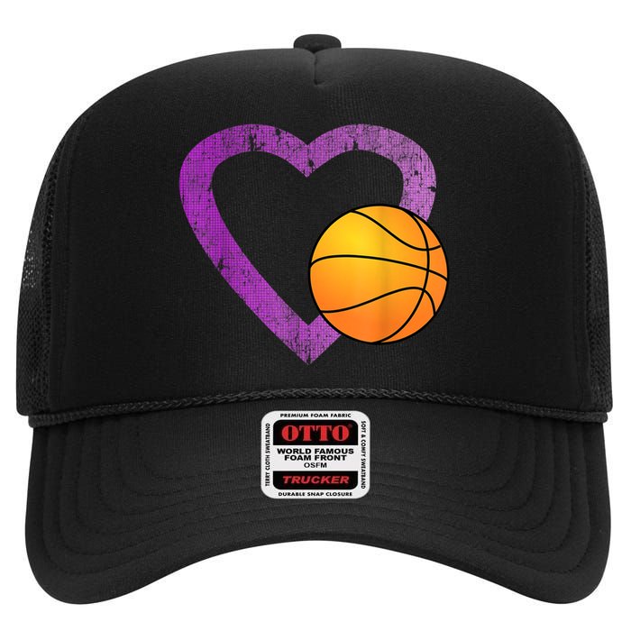 I Love Basketball Heart High Crown Mesh Back Trucker Hat