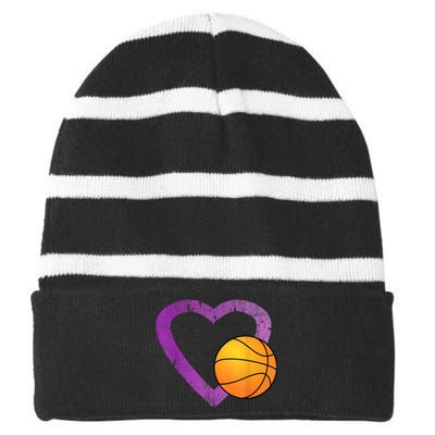 I Love Basketball Heart Striped Beanie with Solid Band