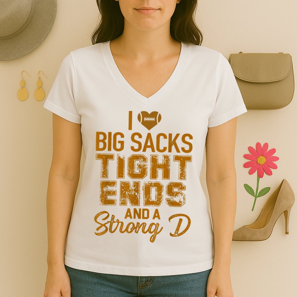 I Love Big Sacks Tight Ends And A Strong D Funny Football Women's V-Neck T-Shirt