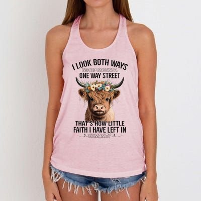 I Look Both Ways Before Crossing A One Way Street Cow Women's Knotted Racerback Tank