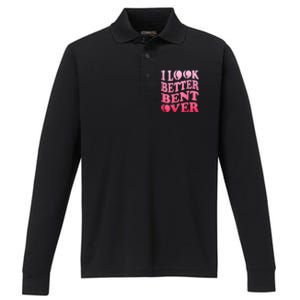 I Look Better Bent Over Peach Booty Funny Groovy ON BACK Performance Long Sleeve Polo