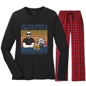 I Like Beer My Dog And Maybe 3 People Funny Dog Lovers Gift Women's Long Sleeve Flannel Pajama Set 