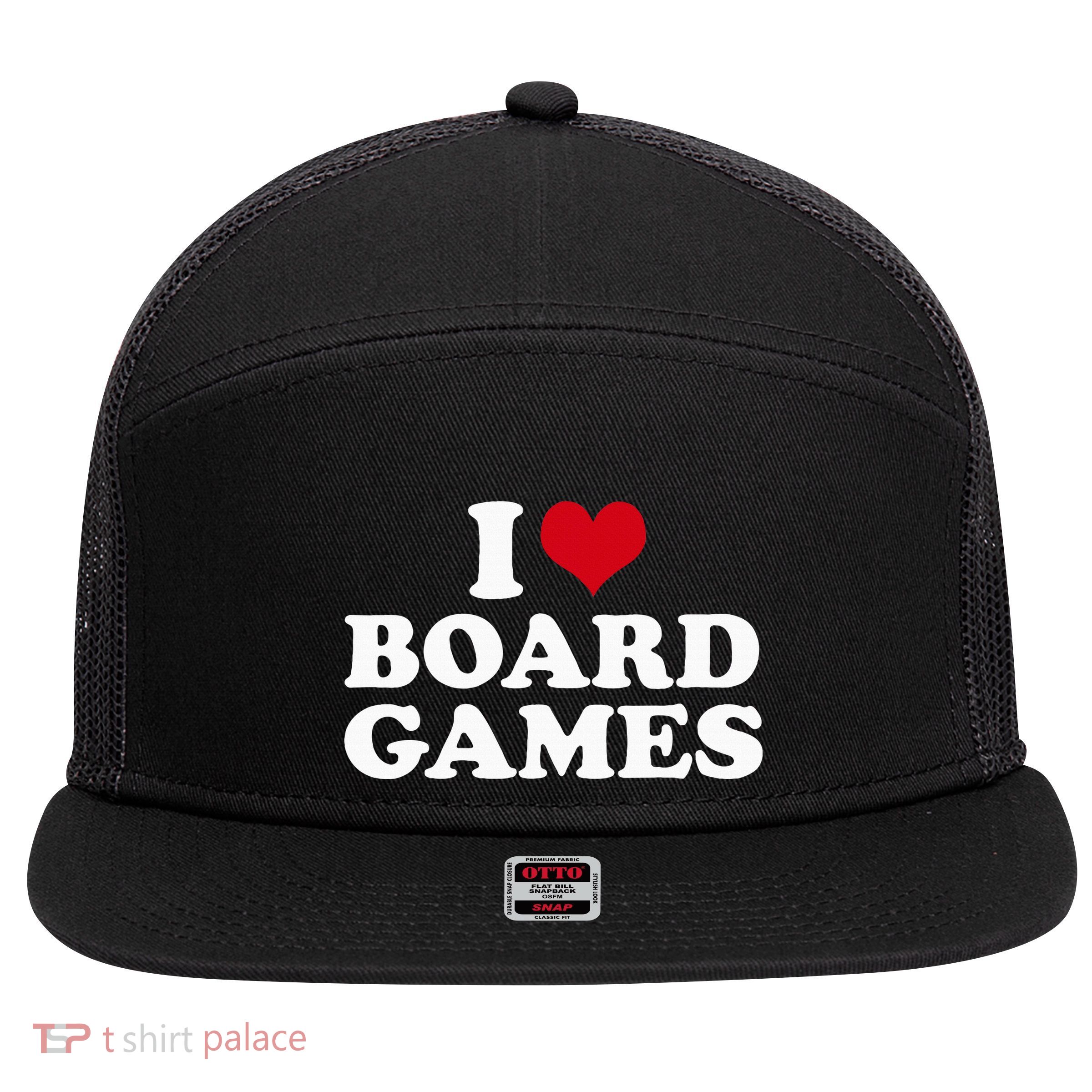 I Love Board Games 7 Panel Mesh Trucker Snapback Hat