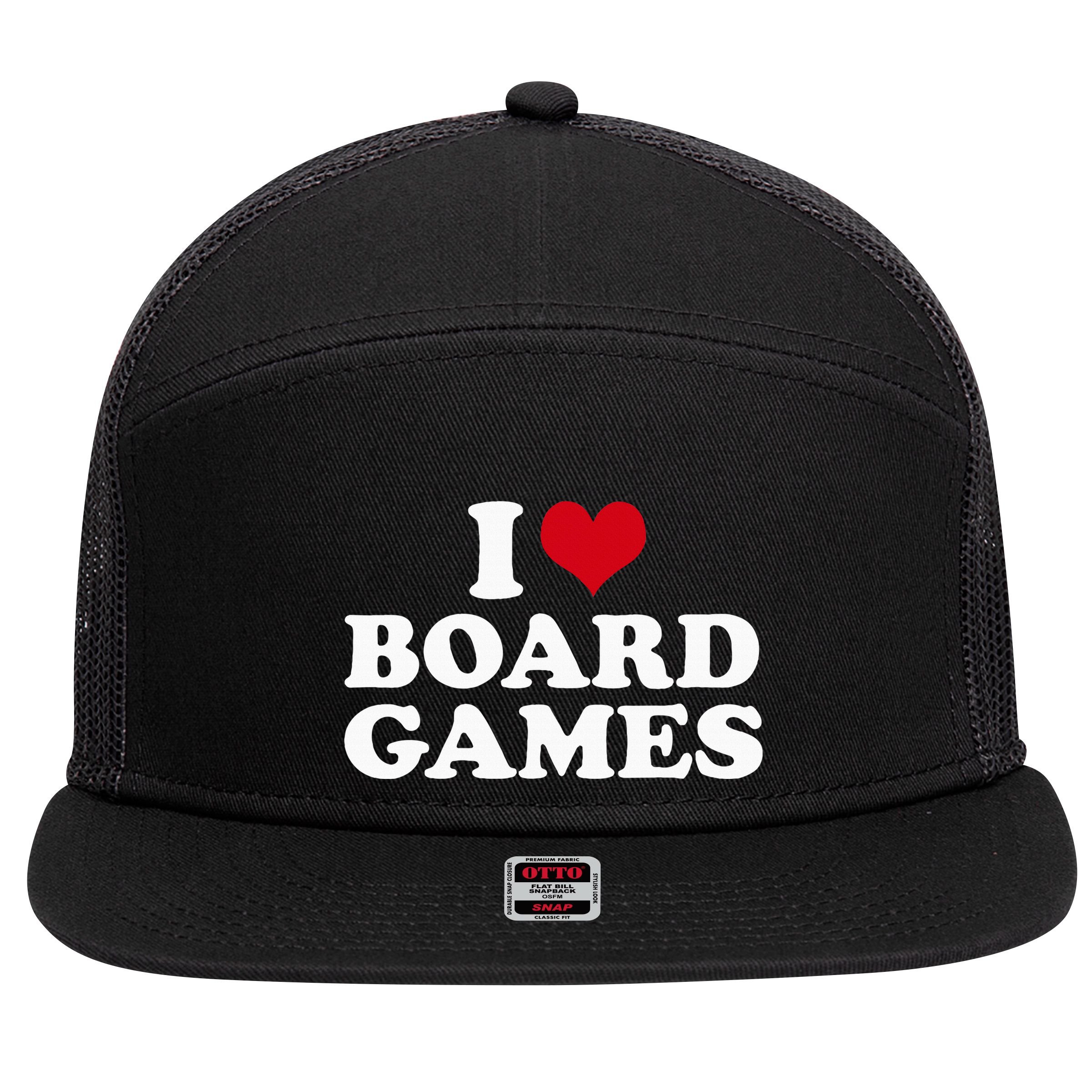 I Love Board Games 7 Panel Mesh Trucker Snapback Hat