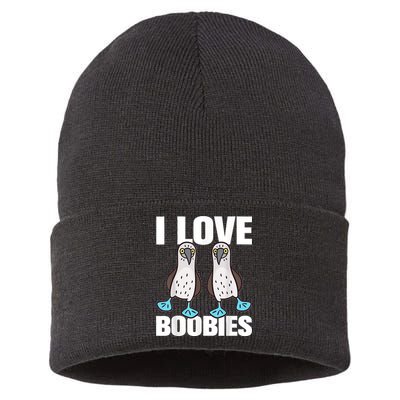 I Love Boobies Blue Footed Boobie Bird Funny Gift For Birdwatchers Sustainable Knit Beanie