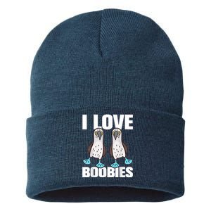 I Love Boobies Blue Footed Boobie Bird Funny Gift For Birdwatchers Sustainable Knit Beanie