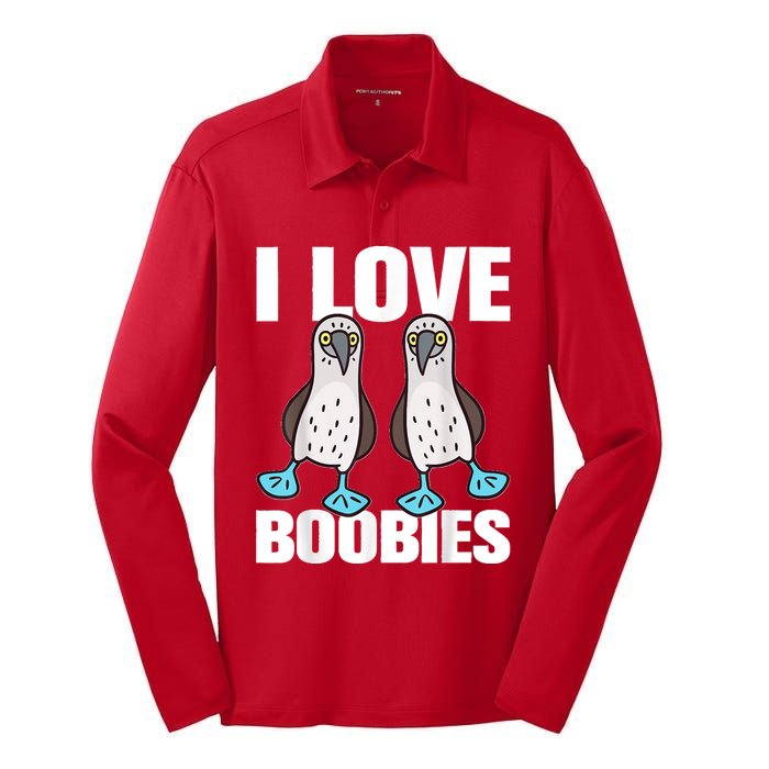 I Love Boobies Blue Footed Boobie Bird Funny Gift For Birdwatchers Silk Touch Performance Long Sleeve Polo