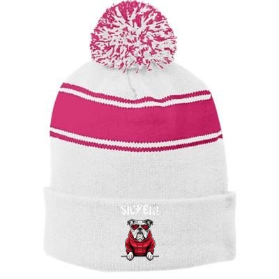 I Love Bulldog Proud Name Vintage Game Day Stripe Pom Pom Beanie