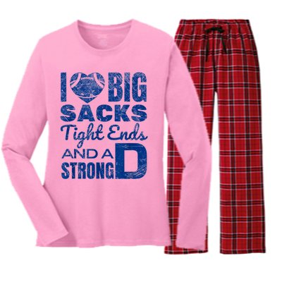 I Love Big Sacks Tight Ends And Strong D Funny Football Women's Long Sleeve Flannel Pajama Set 