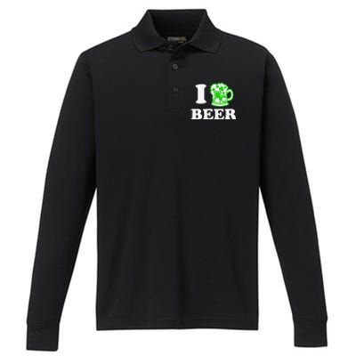 I Love Beer Lover St Patricks Day Irish Shamrock Performance Long Sleeve Polo