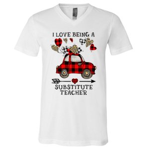 I Love Being A Substitute Teacher Valentine's Day V-Neck T-Shirt