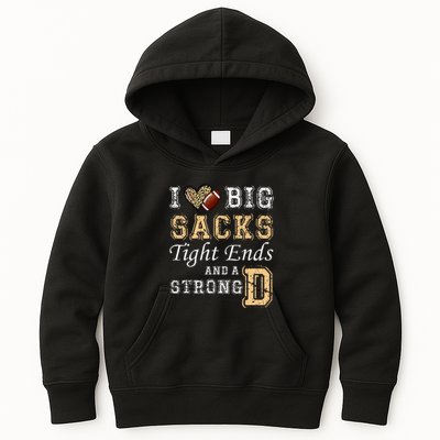 I Love Big Sacks Tight Ends And Strong D Heart Football Kids Hoodie