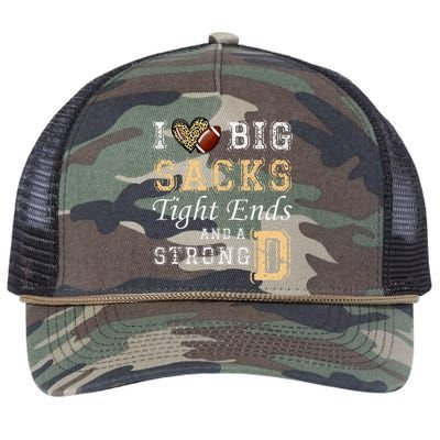 I Love Big Sacks Tight Ends And Strong D Heart Football Retro Rope Trucker Hat Cap