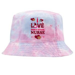 I Love Being A School Nurses Teacher Valentines Day Gnome Gift Tie-Dyed Bucket Hat