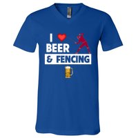 I Love Beer And Fencing Lunge Parry Sword Fighting Ing Gift V-Neck T-Shirt