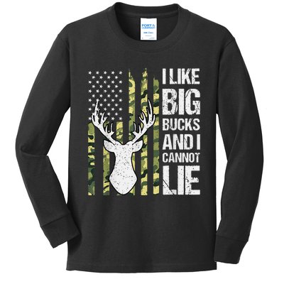 I Like Big Bucks And I Cannot Lie Deer Hunting USA Flag Kids Long Sleeve Shirt