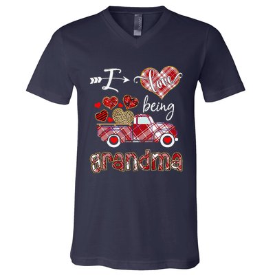 I Love Being Grandma Red Plaid Truck Hearts Valentine's Day V-Neck T-Shirt