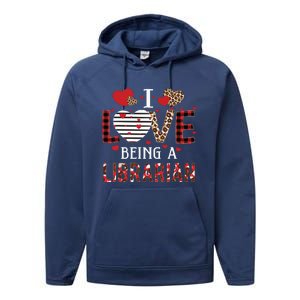 I Love Being A Librarian Red Plaid Hearts Valentines Performance Fleece Hoodie