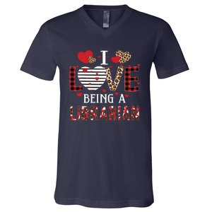 I Love Being A Librarian Red Plaid Hearts Valentines V-Neck T-Shirt