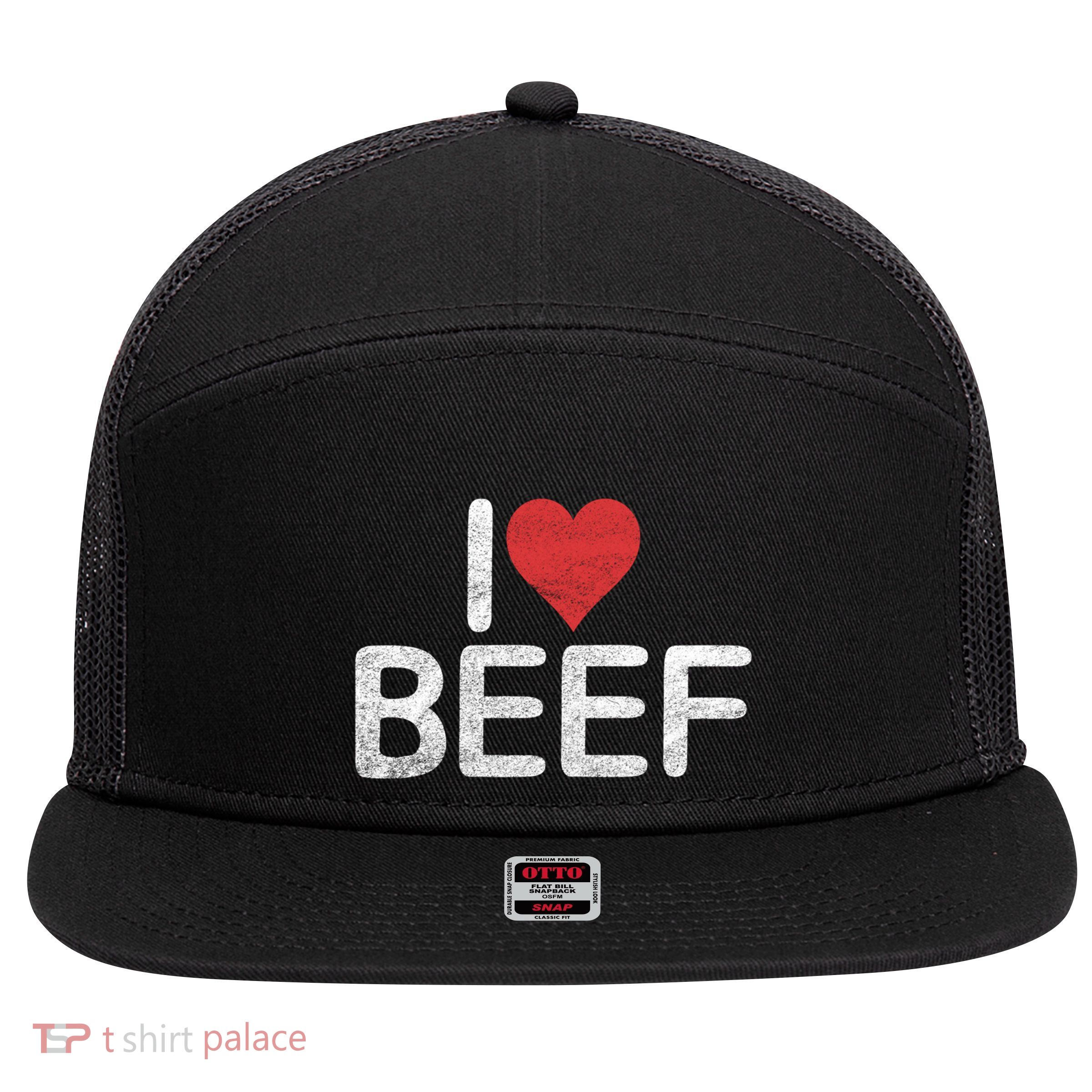 I Love Beef Gift 7 Panel Mesh Trucker Snapback Hat