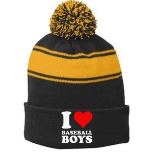 I Love Baseball Stripe Pom Pom Beanie